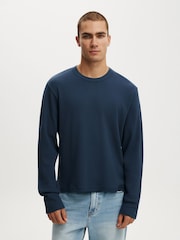 Cotton On Blue Cropped Fit Textured Long Sleeve T-Shirt - Image 1 of 4