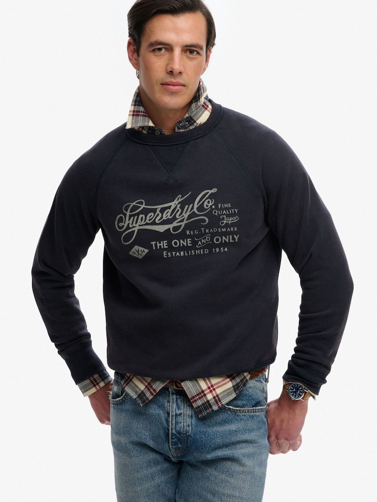 Superdry Blue The Merchant Store Vintage Print Sweatshirt - Image 1 of 7 Superdry Blue The Merchant Store Vintage Print Sweatshirt - Image 1 of 7