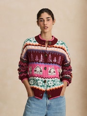 Pink/ Burgundy Fairisle Christmas Knit Cardigan - Image 1 of 7