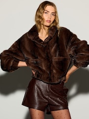 Chocolate Brown Faux Fur Bomber Jacket - Image 1 of 8