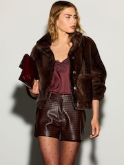 Chocolate Brown Faux Fur Bomber Jacket - Image 2 of 8