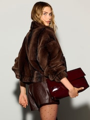 Chocolate Brown Faux Fur Bomber Jacket - Image 3 of 8