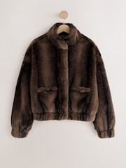 Chocolate Brown Faux Fur Bomber Jacket - Image 6 of 8