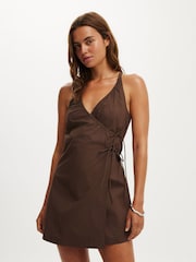 Cotton On Brown Isabelle Halter Neck Wrap Mini Dress - Image 1 of 4