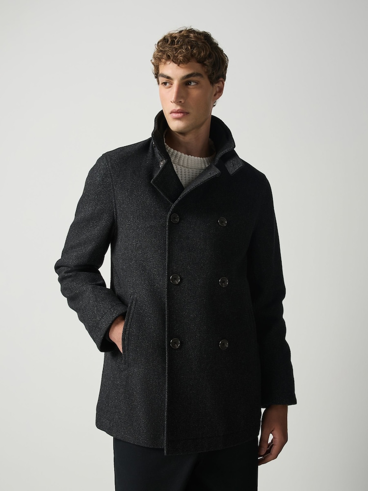 Grey Wool Blend Textured Funnel Neck Drummer Coat - Image 2 of 5