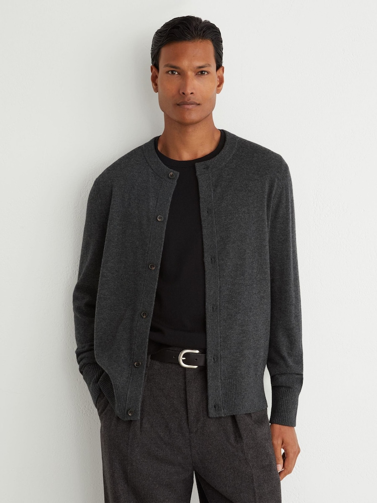 Reiss Charcoal Grey Stoke Wool-Cashmere Jersey-Knit Cardigan - Image 1 of 6 Reiss Charcoal Grey Stoke Wool-Cashmere Jersey-Knit Cardigan - Image 1 of 6