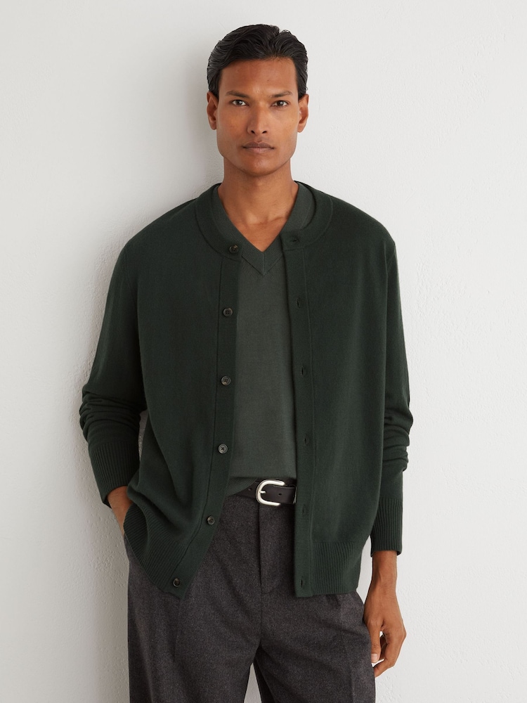 Reiss Forest Green Stoke Wool-Cashmere Jersey-Knit Cardigan - Image 1 of 6 Reiss Forest Green Stoke Wool-Cashmere Jersey-Knit Cardigan - Image 1 of 6
