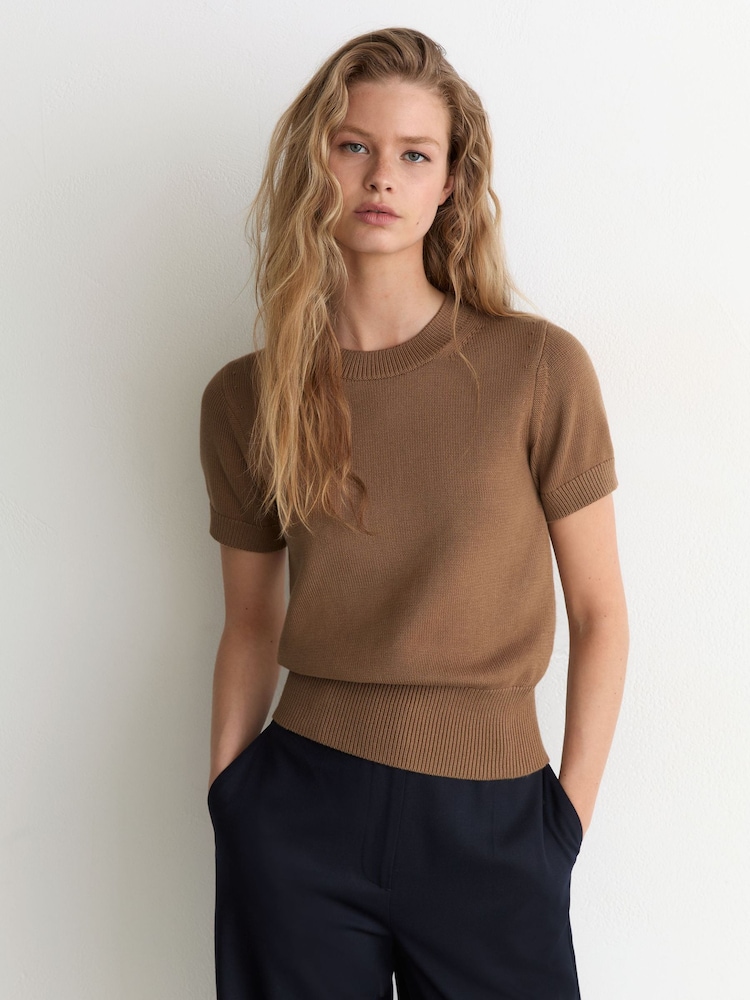 Reiss Camel Rita Cotton and Wool Short-Sleeve Knit Top - Image 1 of 6