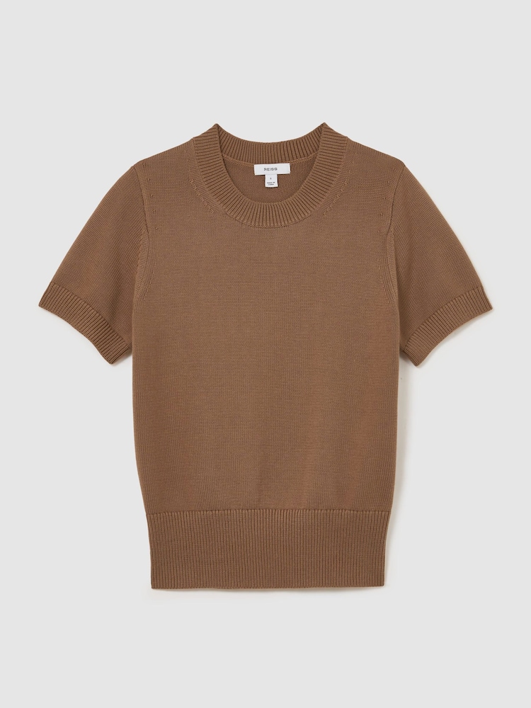 Reiss Camel Rita Cotton and Wool Short-Sleeve Knit Top - Image 2 of 6