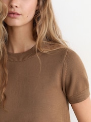 Reiss Camel Rita Cotton and Wool Short-Sleeve Knit Top - Image 4 of 6
