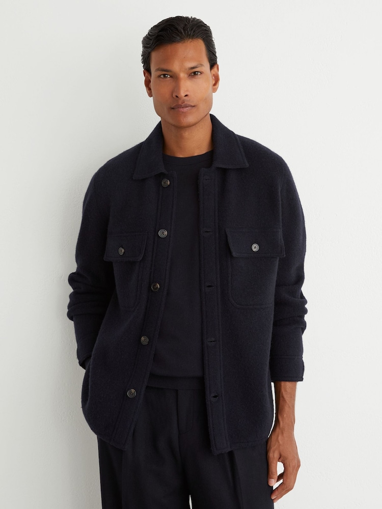 Reiss Navy Banstead Brushed Wool Button-Through Relaxed Overshirt - Image 1 of 7 Reiss Navy Banstead Brushed Wool Button-Through Relaxed Overshirt - Image 1 of 7