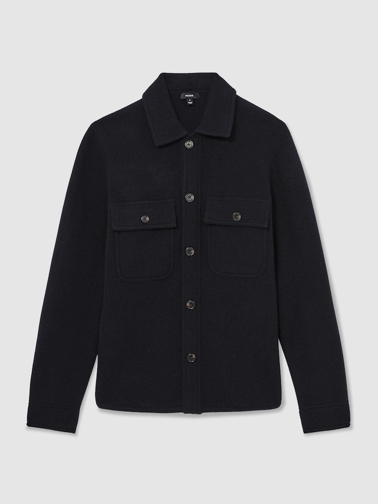 Reiss Navy Banstead Brushed Wool Button-Through Relaxed Overshirt - Image 2 of 7 Reiss Navy Banstead Brushed Wool Button-Through Relaxed Overshirt - Image 2 of 7
