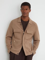 Reiss Camel Brown Fleetwood Twin-Pocket Concealed-Placket Knitted Jacket - Image 1 of 6