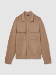 Reiss Camel Brown Fleetwood Twin-Pocket Concealed-Placket Knitted Jacket - Image 2 of 6