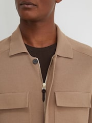 Reiss Camel Brown Fleetwood Twin-Pocket Concealed-Placket Knitted Jacket - Image 5 of 6