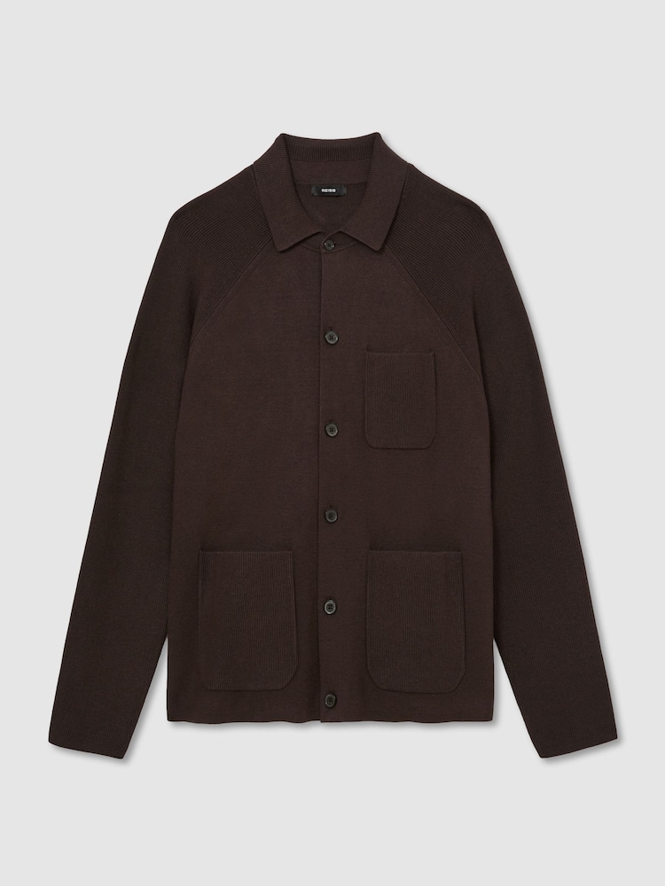 Reiss Chocolate Brown Fitzwilliam Rib-Knit Detail Button-Through Cardigan - Image 2 of 7 Reiss Chocolate Brown Fitzwilliam Rib-Knit Detail Button-Through Cardigan - Image 2 of 7