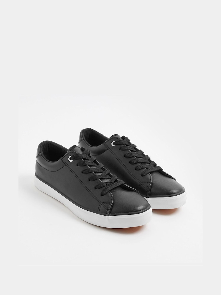 Yours Curve Black Extra Wide Fit Faux Leather Lace-Up Trainers - Image 1 of 3