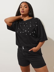 Yours Curve Black Elasticated Waist Turn Up Denim Shorts - Image 1 of 6