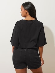 Yours Curve Black Elasticated Waist Turn Up Denim Shorts - Image 4 of 6
