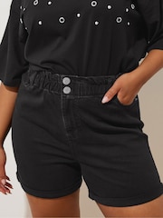 Yours Curve Black Elasticated Waist Turn Up Denim Shorts - Image 5 of 6