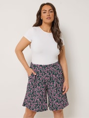 Yours Curve Black Floral Jersey Crinkle Shorts - Image 1 of 5