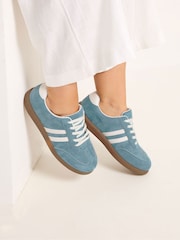 Yours Curve Blue Extra-Wide Fit Faux Suede Retro Stripe Trainers - Image 1 of 5