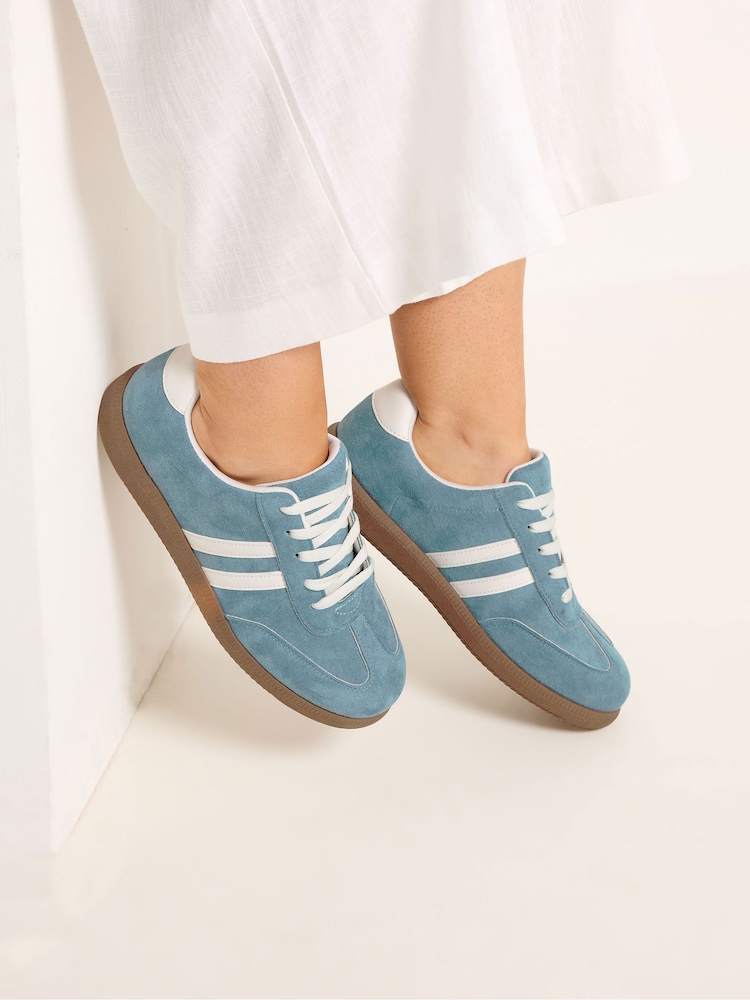 Yours Curve Blue Extra-Wide Fit Faux Suede Retro Stripe Trainers - Image 1 of 5
