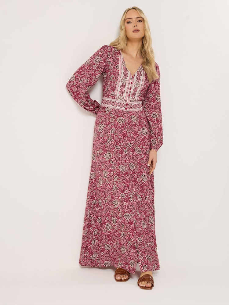 Long Tall Sally Red Floral Long Sleeve Button Through Maxi Dress - Image 1 of 5