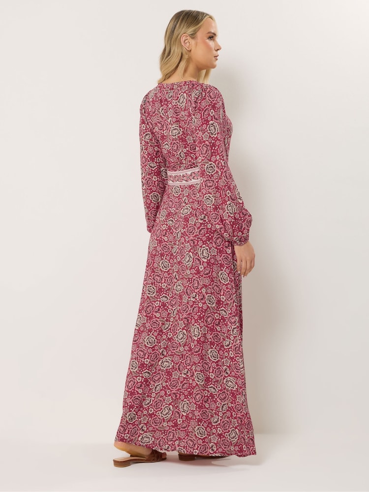 Long Tall Sally Red Floral Long Sleeve Button Through Maxi Dress - Image 2 of 5