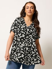 Yours Curve Black Daisy Notch Neck Blouse - Image 1 of 5