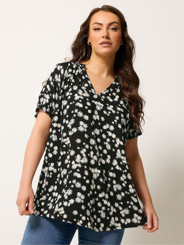 Yours Curve Black Daisy Notch Neck Blouse - Image 1 of 5