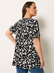 Yours Curve Black Daisy Notch Neck Blouse - Image 2 of 5