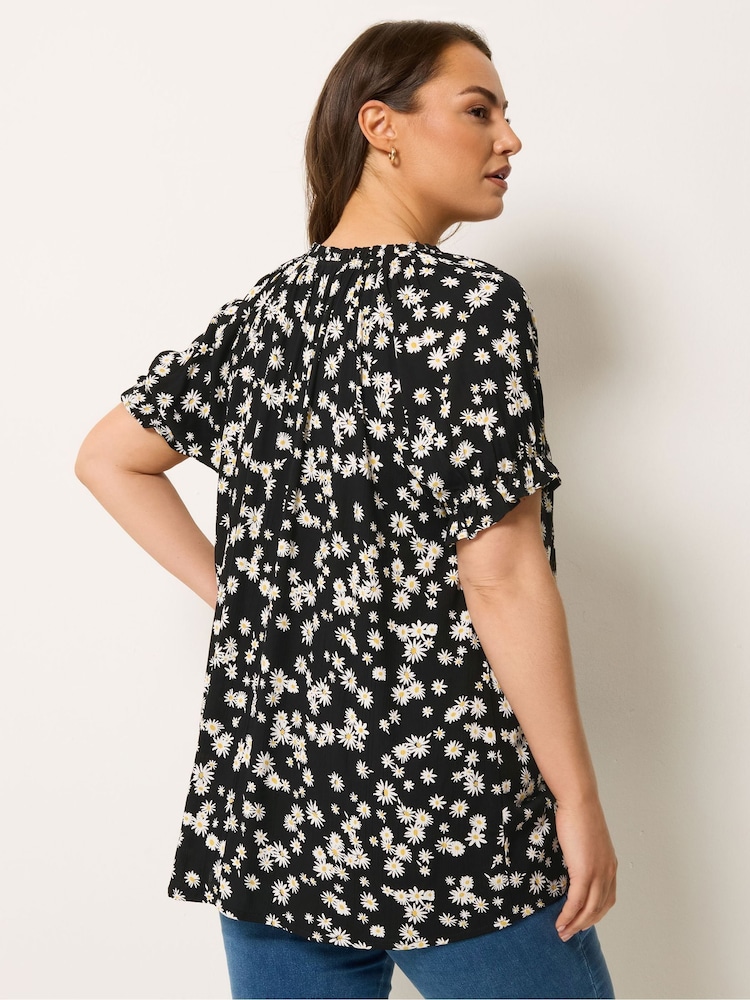 Yours Curve Black Daisy Notch Neck Blouse - Image 2 of 5