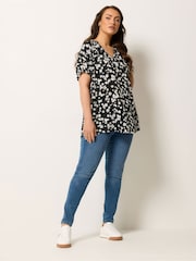 Yours Curve Black Daisy Notch Neck Blouse - Image 3 of 5