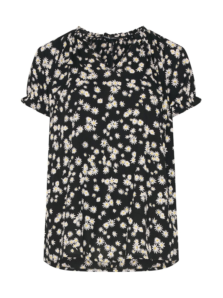 Yours Curve Black Daisy Notch Neck Blouse - Image 5 of 5