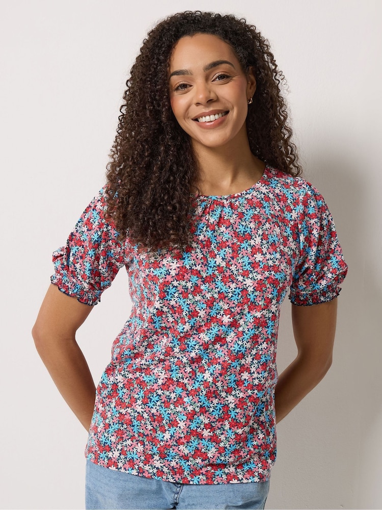 M&Co Blue Ditsy Floral Puff Sleeve Top - Image 1 of 5