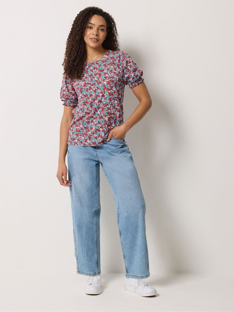 M&Co Blue Ditsy Floral Puff Sleeve Top - Image 2 of 5