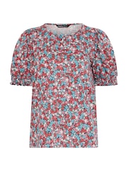 M&Co Blue Ditsy Floral Puff Sleeve Top - Image 5 of 5