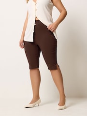 Yours Curve Brown Bengaline Pedal Pusher Shorts - Image 1 of 5