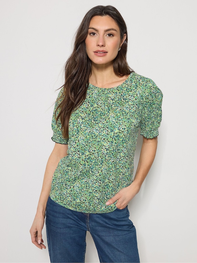 M&Co Green Ditsy Floral Puff Sleeve Top - Image 1 of 5