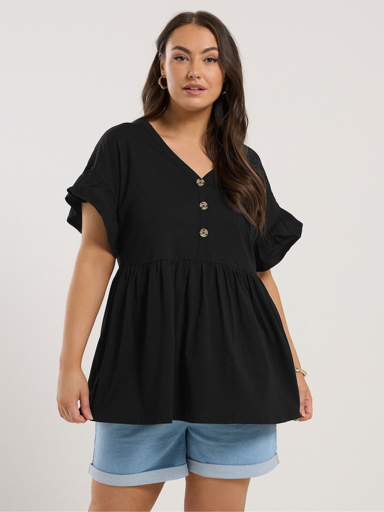 Yours Curve Black Button Frilled Sleeve Peplum Top - Image 1 of 4 Yours Curve Black Button Frilled Sleeve Peplum Top - Image 1 of 4