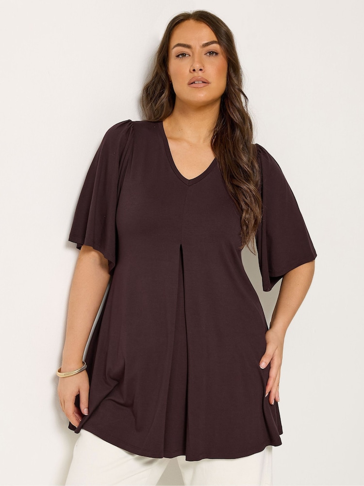 Yours Curve Brown Pleated Front Angel Sleeve Top - Image 1 of 5
