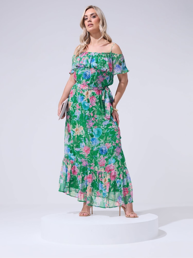 Yours Curve Green London Floral Metallic Cold Shoulder Maxi Dress - Image 1 of 5