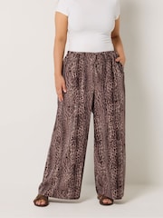 Yours Curve Brown Leopard Print Skinny Waist Wide Leg Trousers - Image 1 of 5