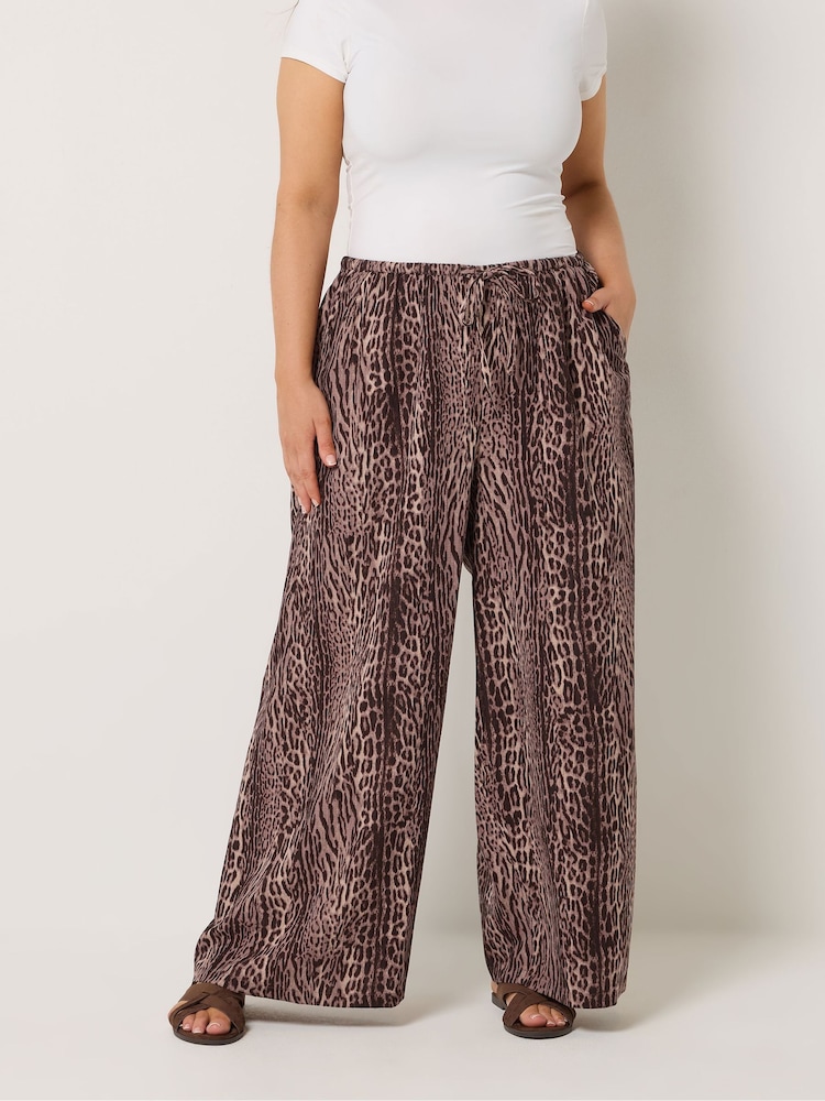 Yours Curve Brown Leopard Print Skinny Waist Wide Leg Trousers - Image 1 of 5