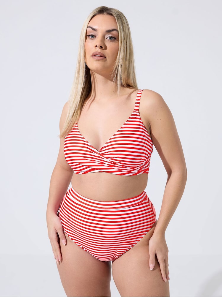 Yours Curve Red Limited Stripe Bikini Twist Top - Image 1 of 6