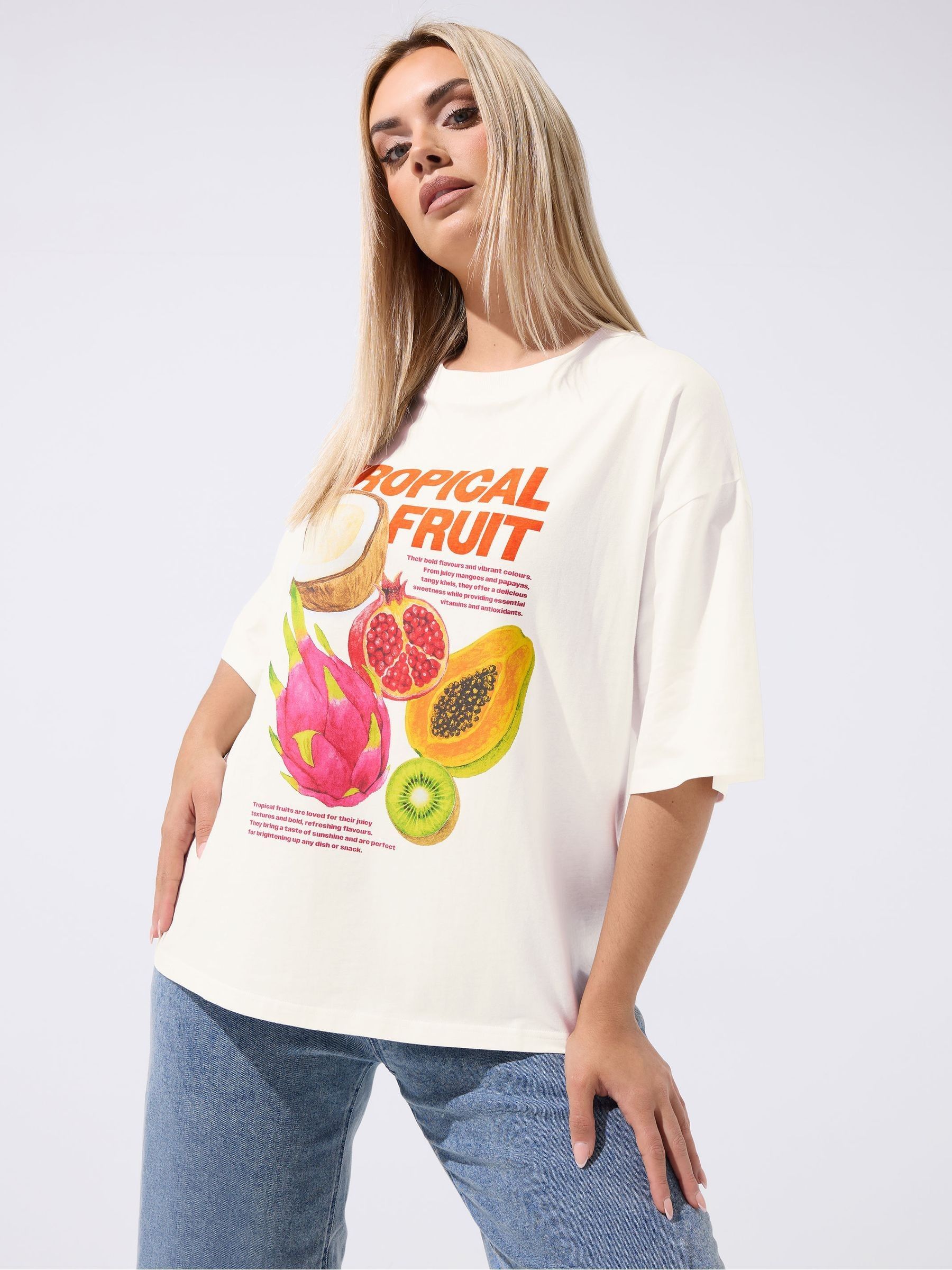 Buy Yours Curve Cream Limited Tropical Fruit Graphic T-Shirt from