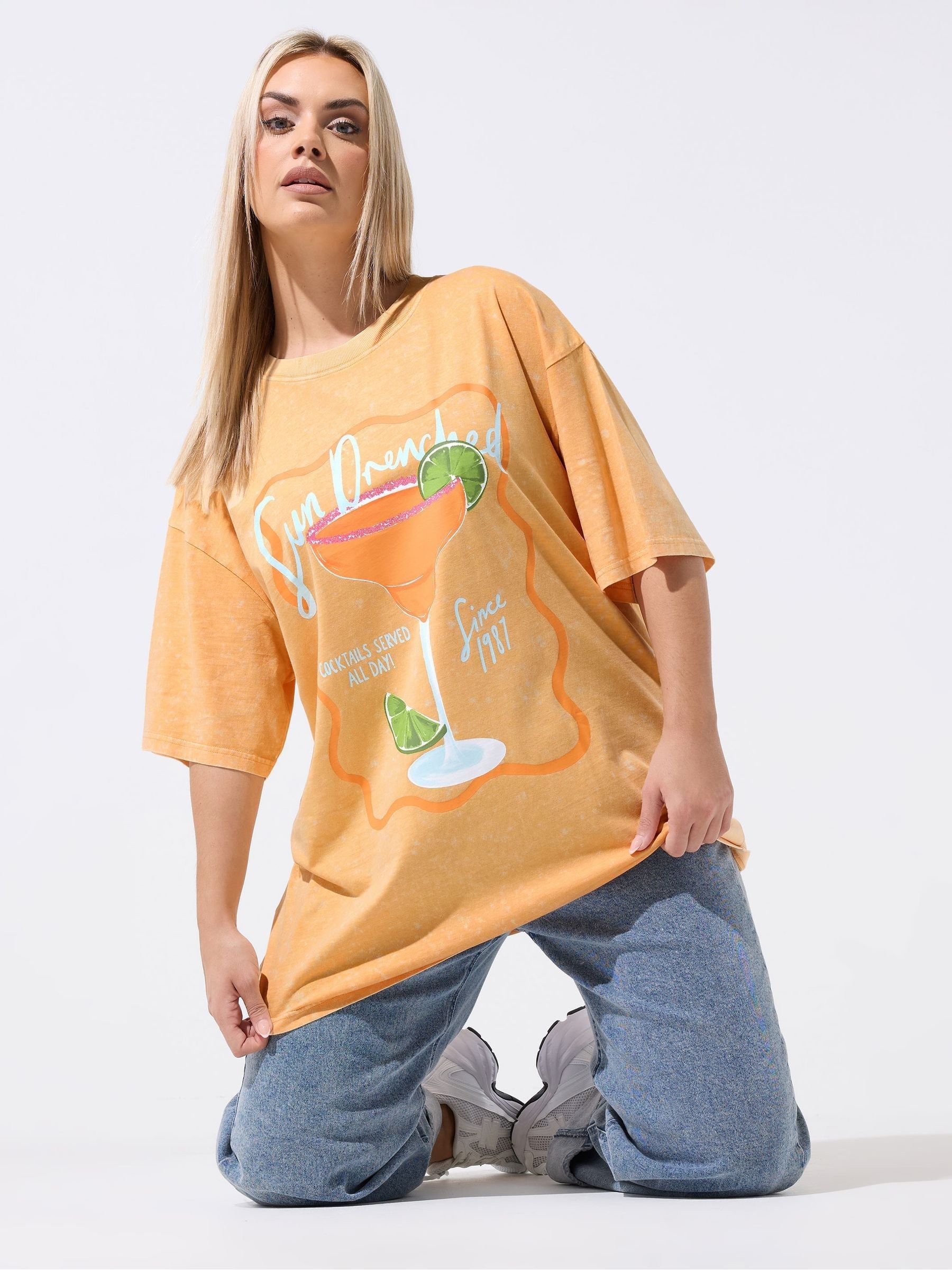 Buy Yours Curve Orange Limited Longline Sun Drenched Acid Wash T