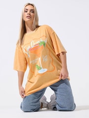 Yours Curve Orange Limited Longline Sun Drenched Acid Wash T-Shirt - Image 1 of 5