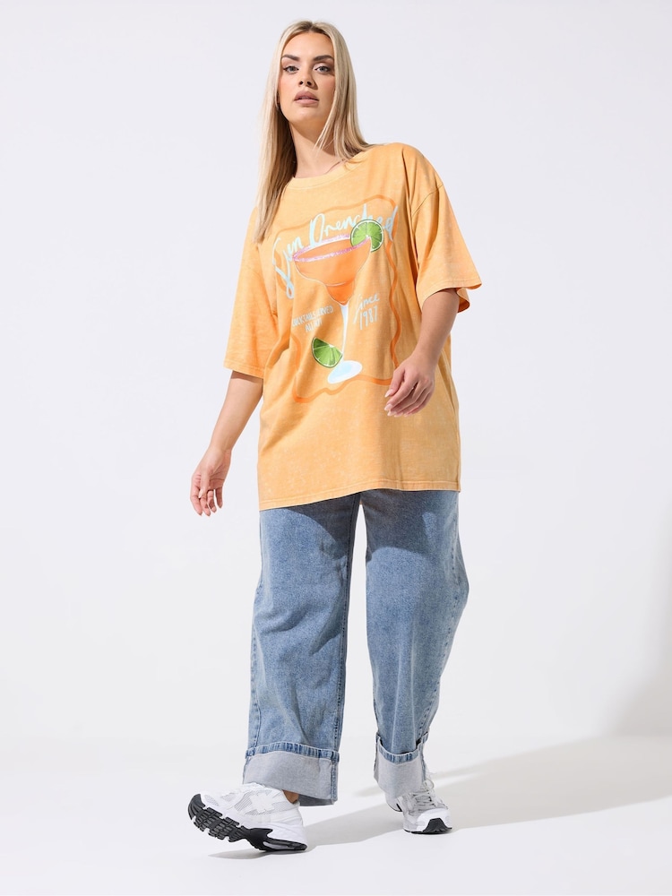 Yours Curve Orange Limited Longline Sun Drenched Acid Wash T-Shirt - Image 2 of 5